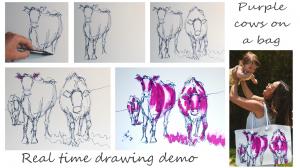 The Sunday Art Show - Herd of cows drawing tutorial - purple cows on a bag